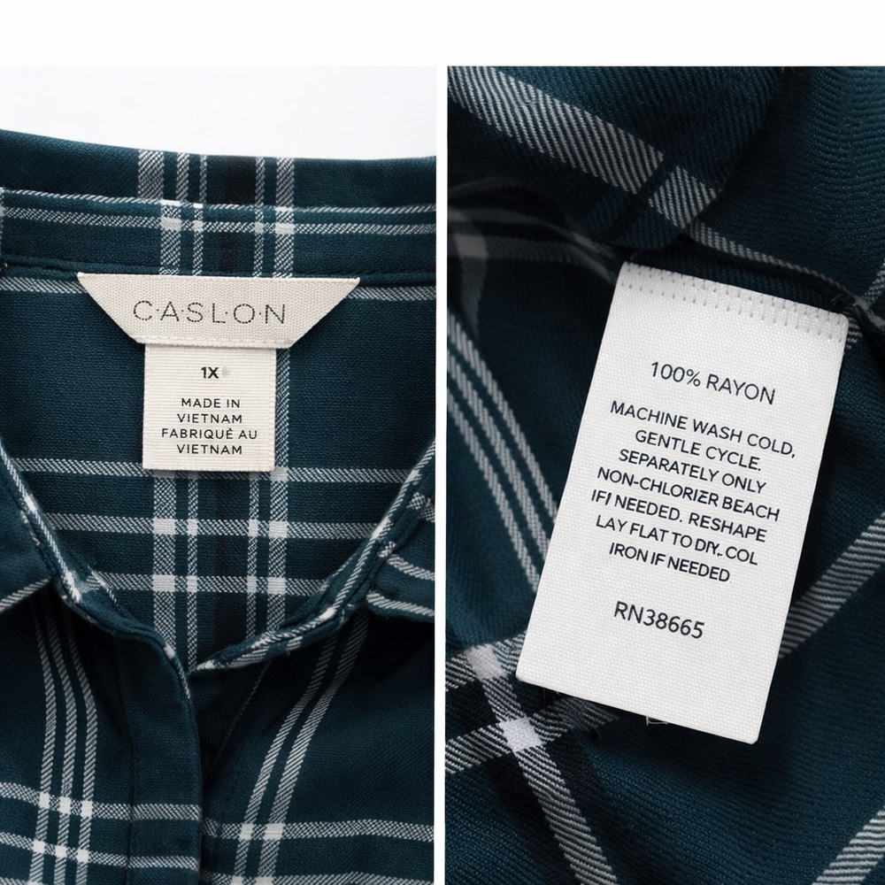 Caslon Women's Plaid Button-Up Blouse 1X Teal & White Rayon-Lightweight - Picture 3 of 3